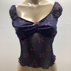 Just Polly Size Large Blue Mesh Cherry & Bows Crop Top. New With Tags